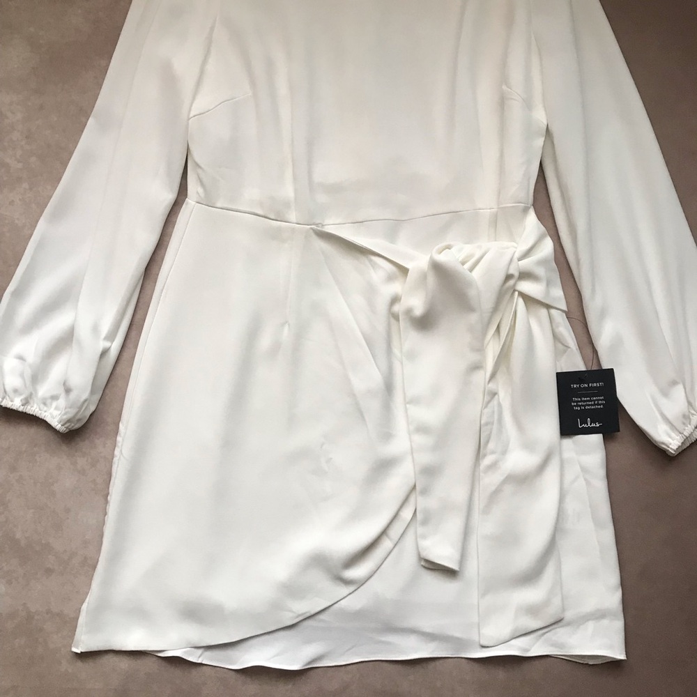 Lulu's Ivory Long Sleeve Wrap-Front Dress - Picture 4 of 5